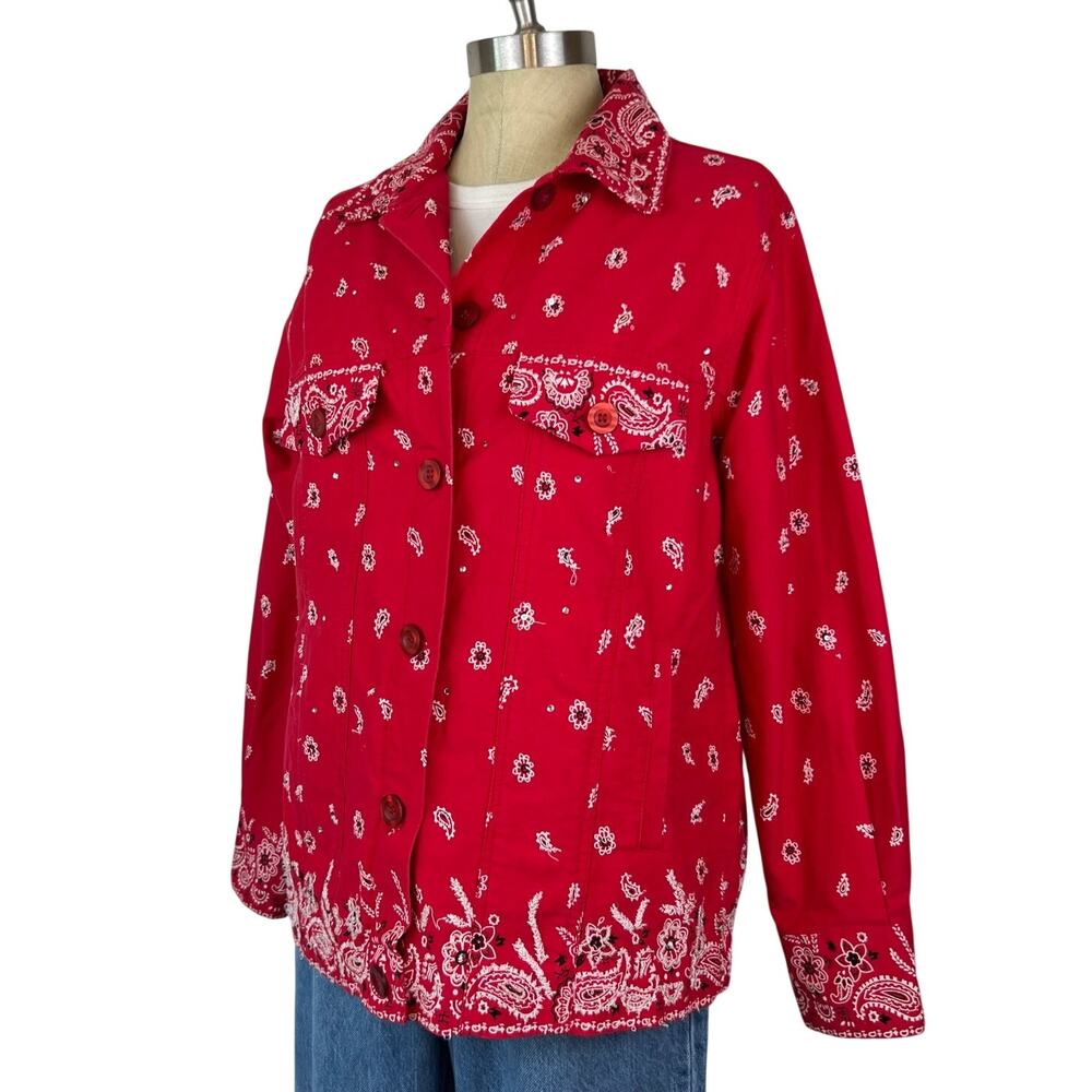 The Quacker Factory Paisley Western Jacket Red Beaded Bedazzled Bandana (Sz S)